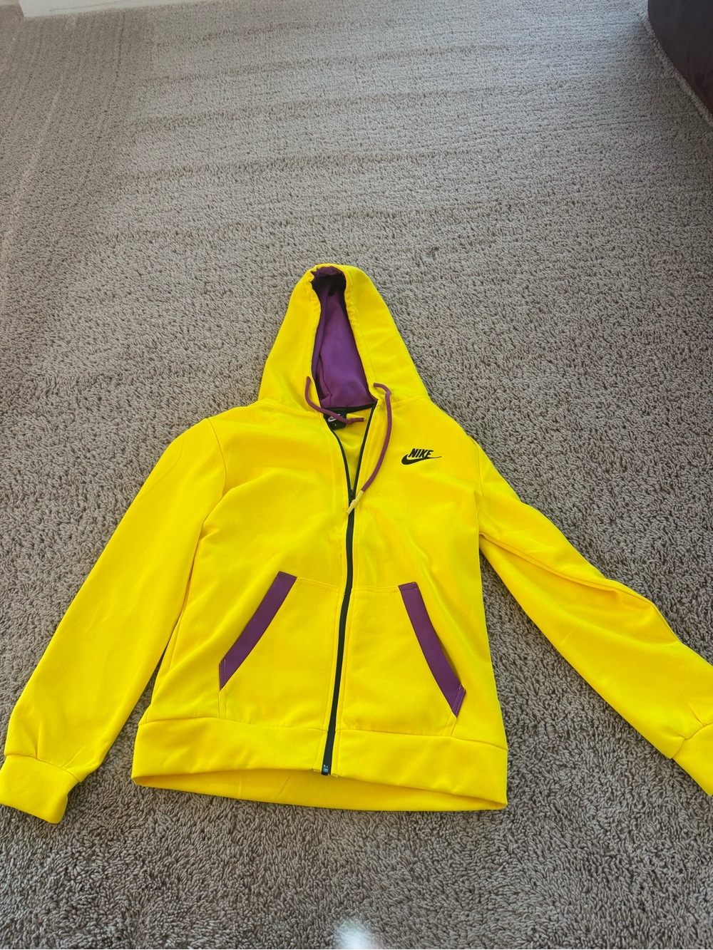 Nike Yellow Hooded Bomber Jacket with Purple Accents